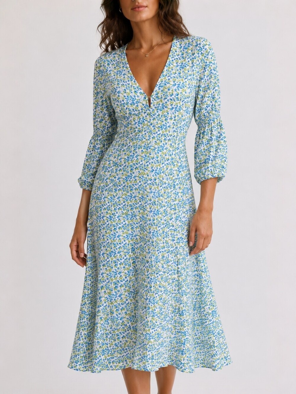 Faithfull The Brand Maud Floral Midi Dress Blue White Crinkle Tie Back Size 4